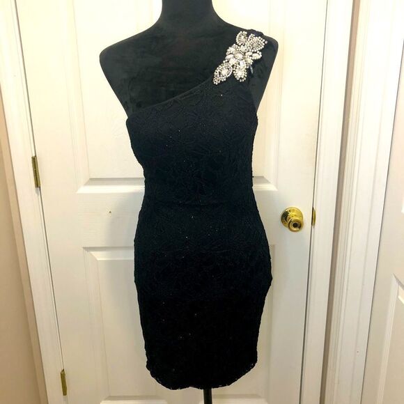 City Studio Dresses & Skirts - City Studio shimmering lace black dress with pearl and rhinestone strap, size 3